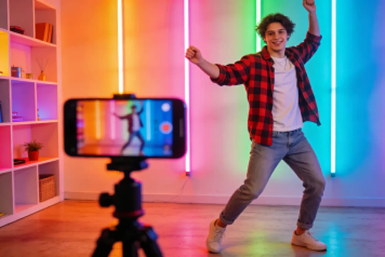 Content creator filming a dance video with original tracks made by an AI DJ music generator