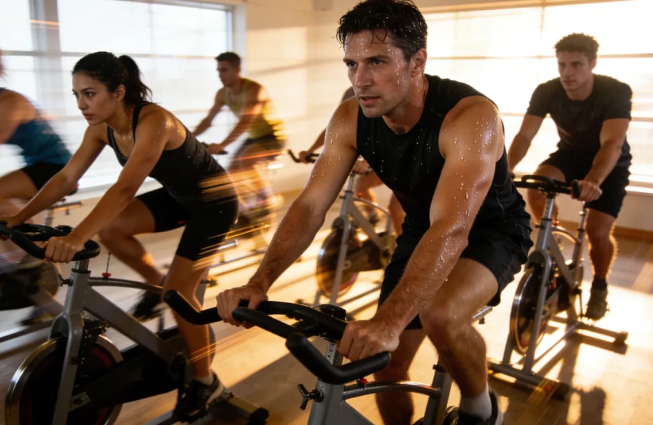 Indoor cycling class energized by high-BPM tracks created with a DJ music generator