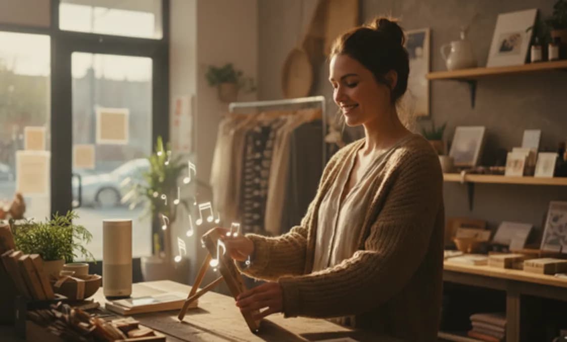 Small Business Owner Creating Sonic Branding with AI Jingle Generator