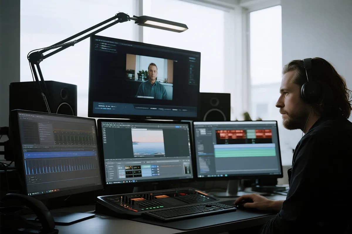 Film designer creating immersive audio with AI audio sample generator