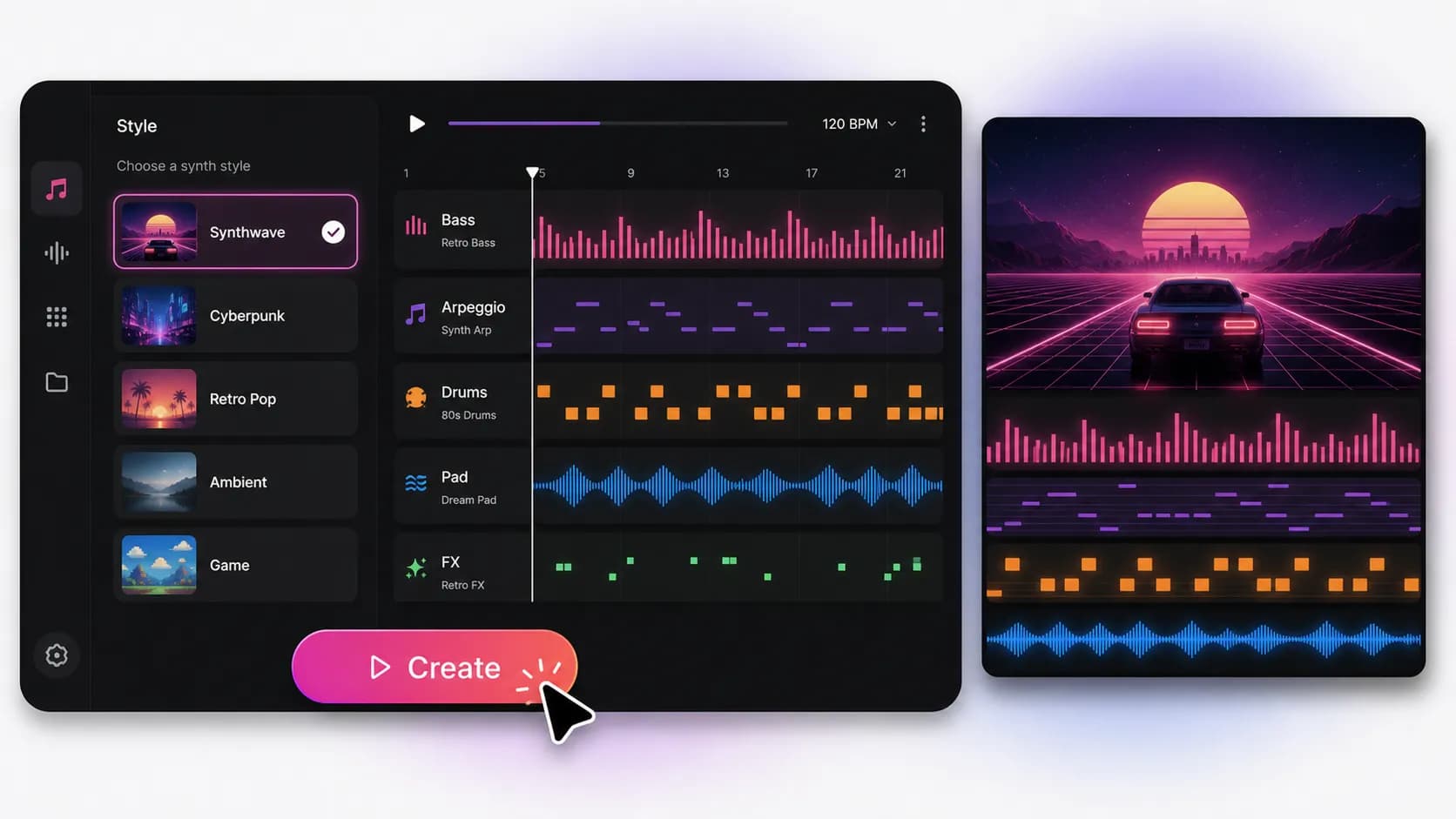 AI Synthwave music maker creating retro 80s synth music