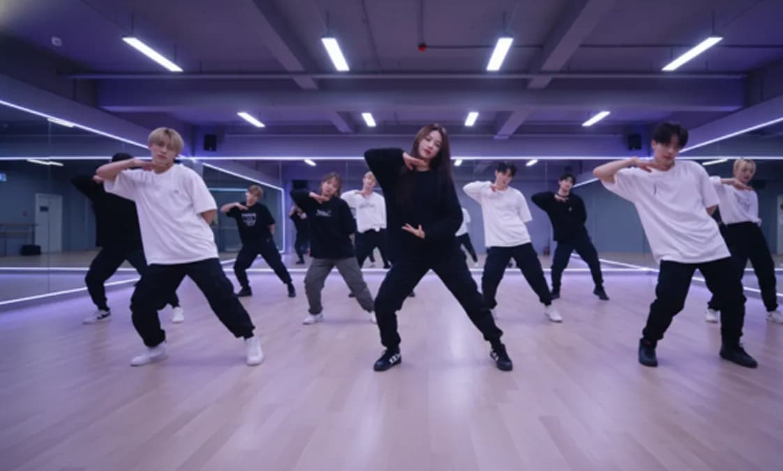 Dance team rehearsing choreography using AI-generated K-pop music