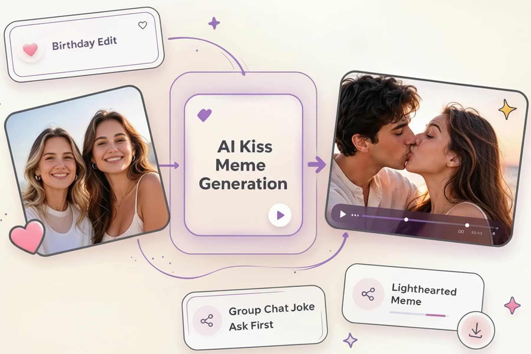 Playful AI kissing video made with two friends’ photos